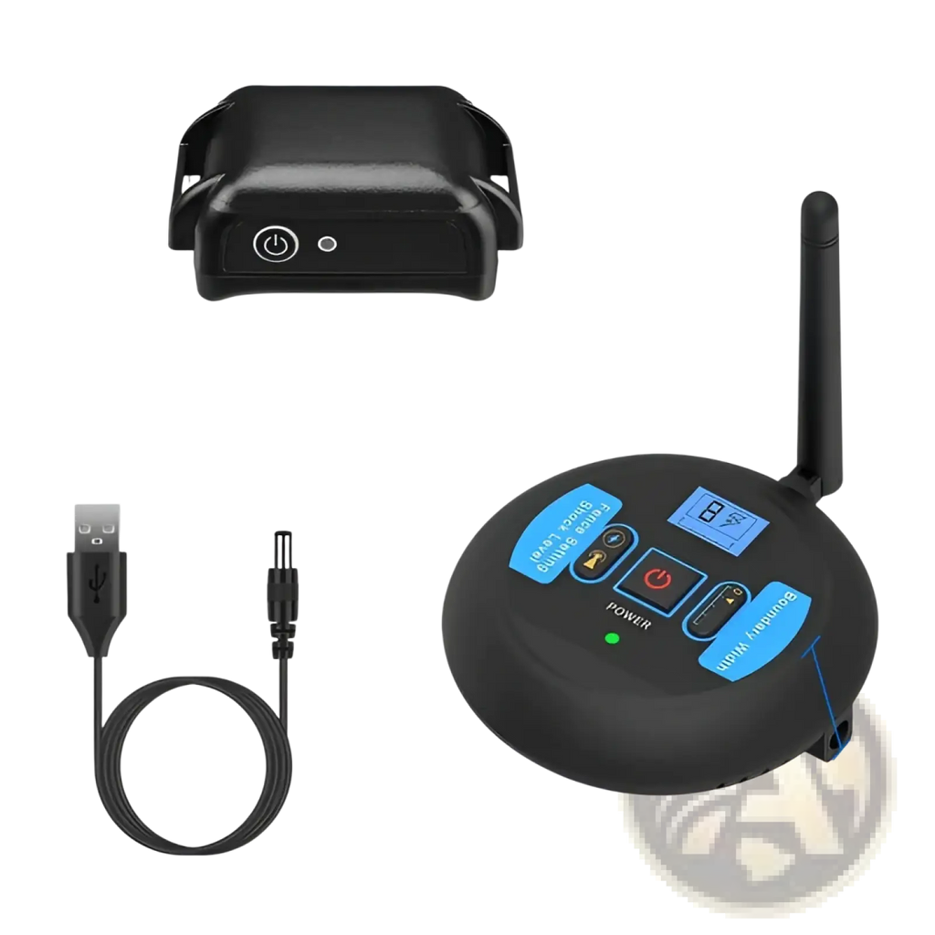 Black wireless receiver with antenna power and bluetooth control buttons for wireless electric dog fence training system