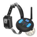 Black wireless electric dog fence and training collar system with circular remote control featuring blue buttons and lcd screen