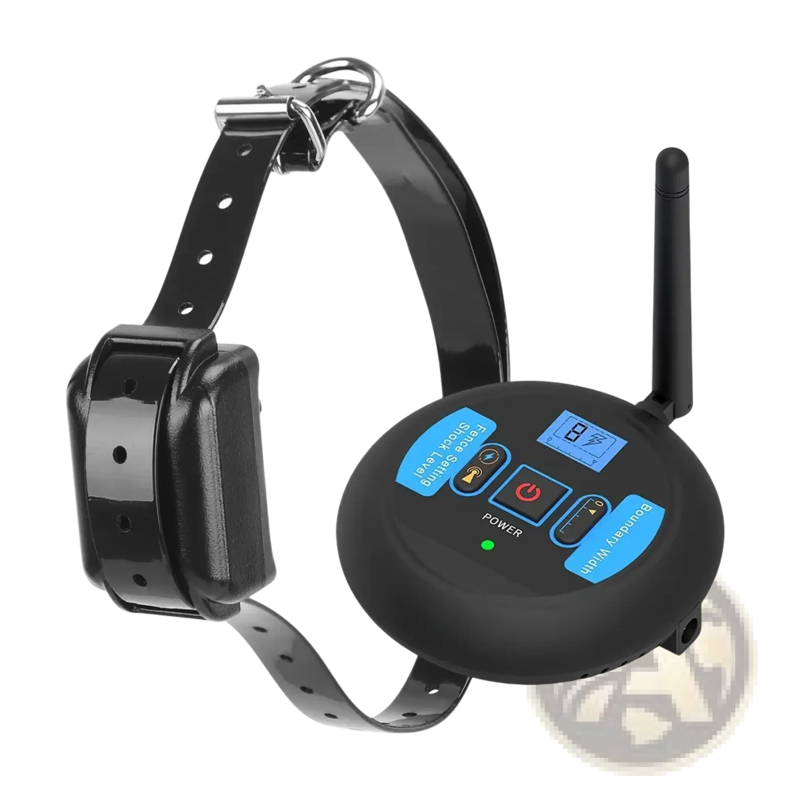 Black wireless electric dog fence and training collar system with circular remote control featuring blue buttons and lcd screen