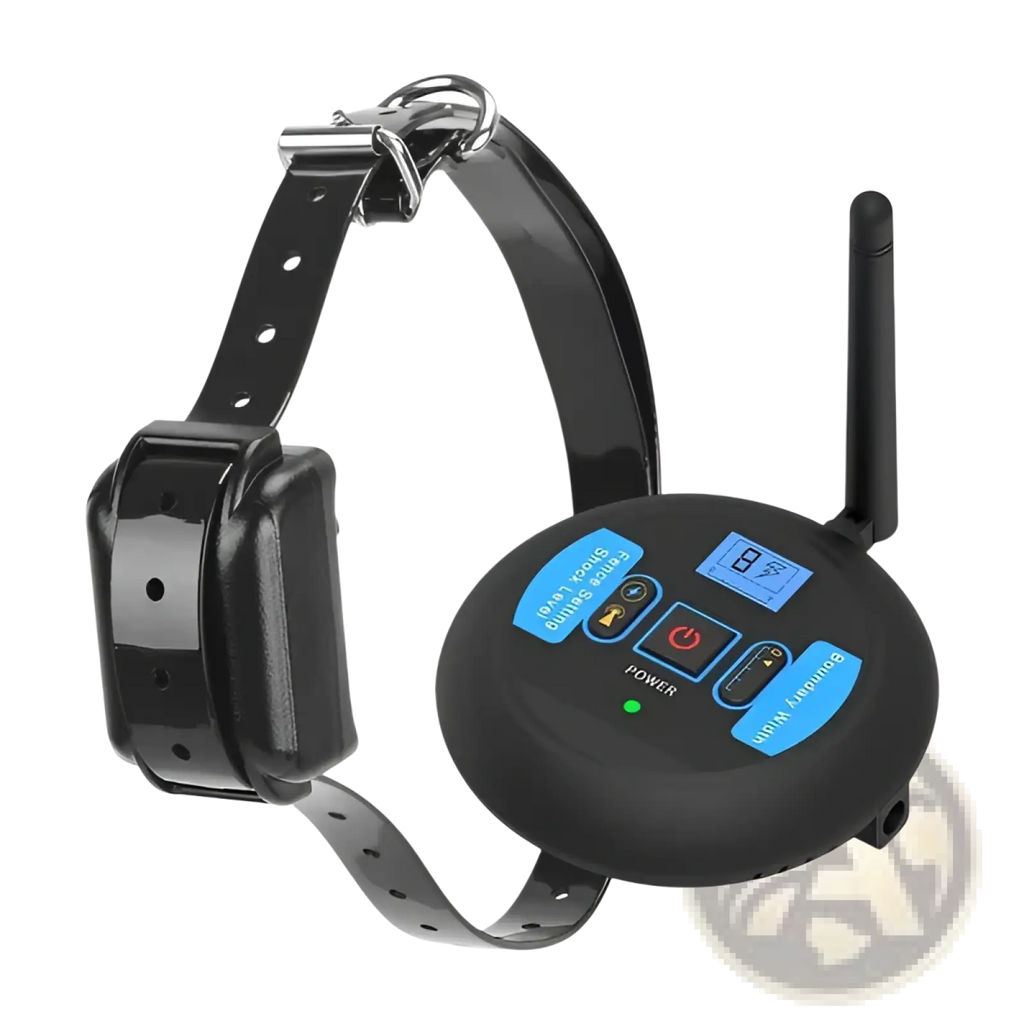 Black wireless electric dog fence and training collar system with circular remote control blue buttons and antenna