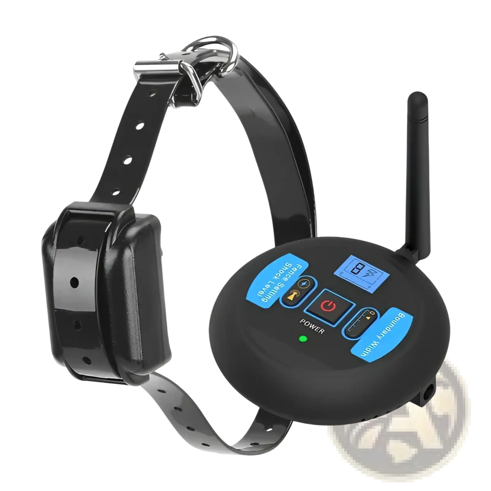 Black wireless electric dog fence and training collar system with circular remote control blue buttons and antenna