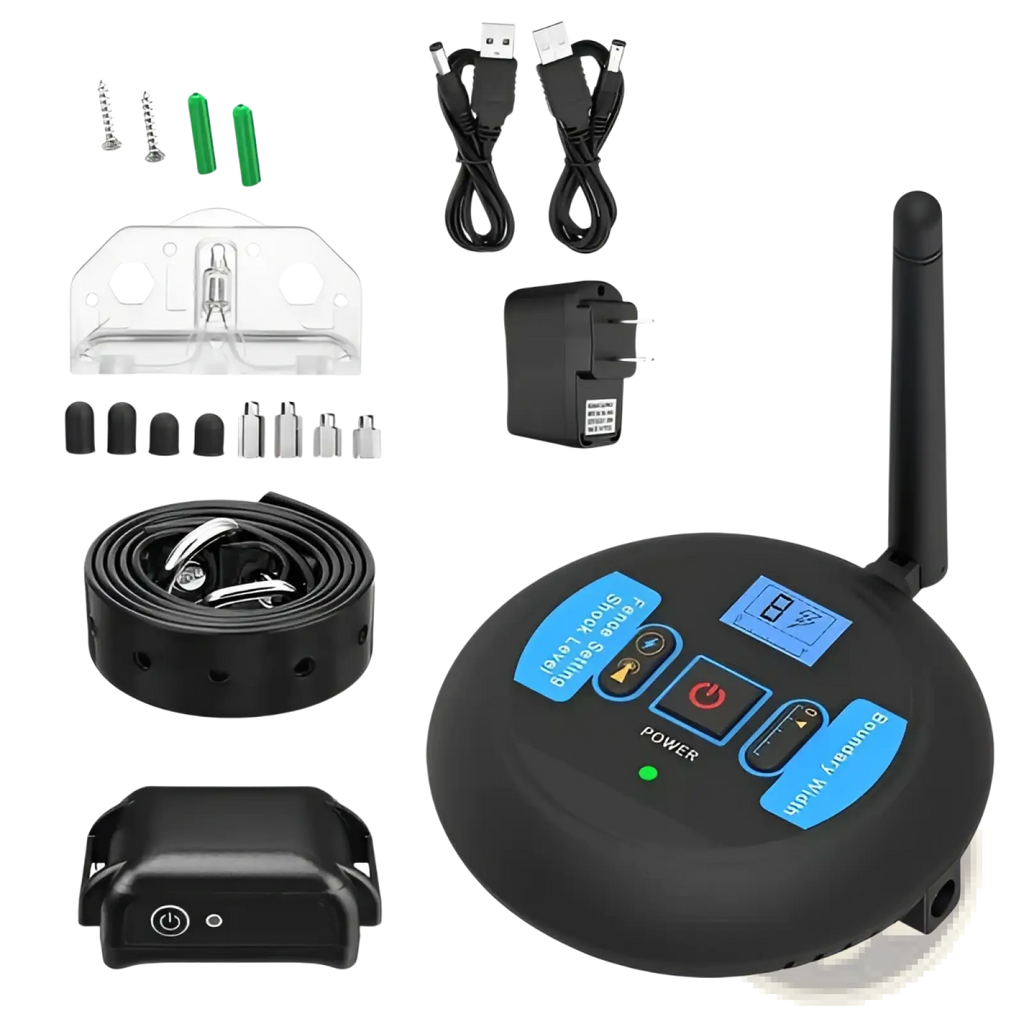 Black wireless electric dog fence transmitter with blue control buttons and digital display for training collar system