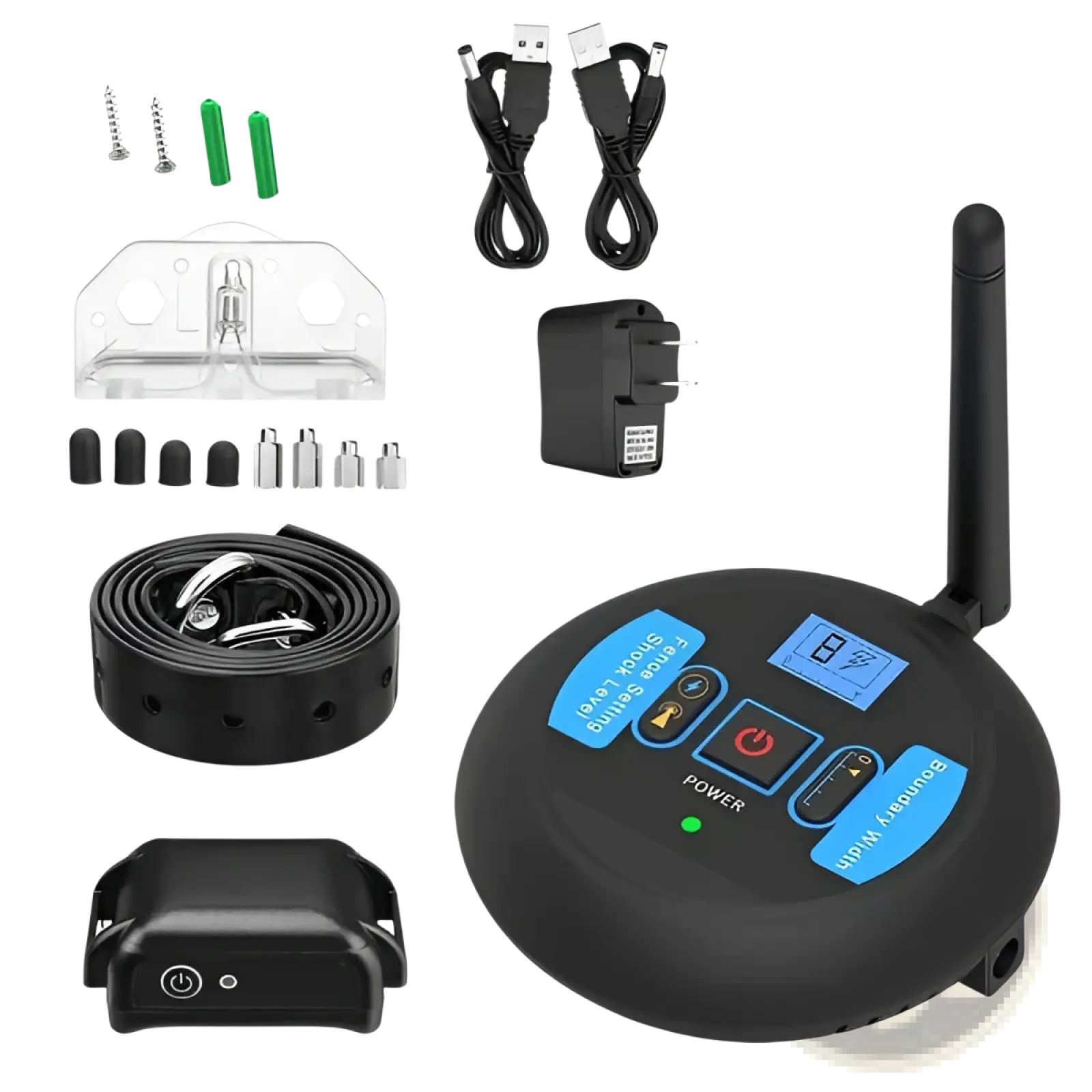 Black wireless electric dog fence transmitter with blue control buttons and digital display for training collar system