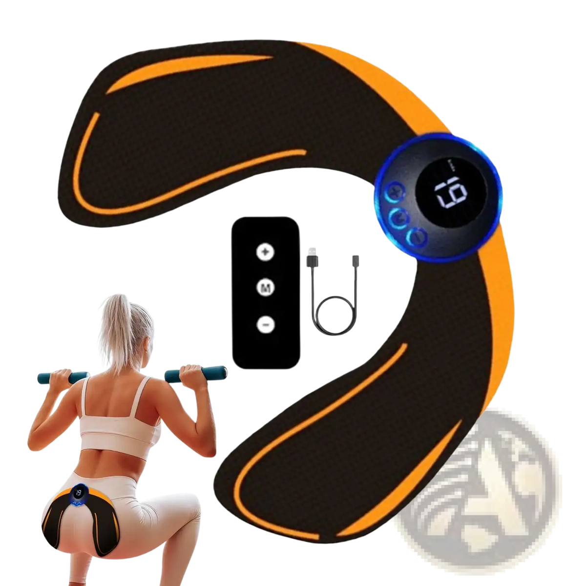 Black and orange curved wireless EMS glute stimulator with digital display and control pad for muscle toning