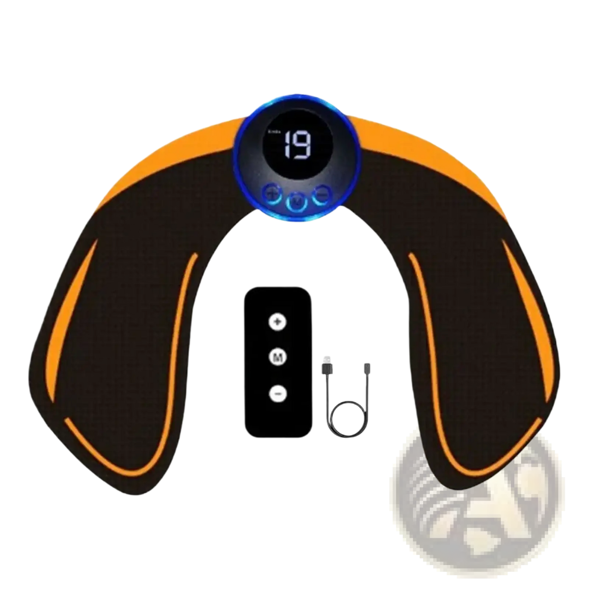 Black and orange wireless ems glute stimulator with digital display showing 19 for muscle toning and stimulation