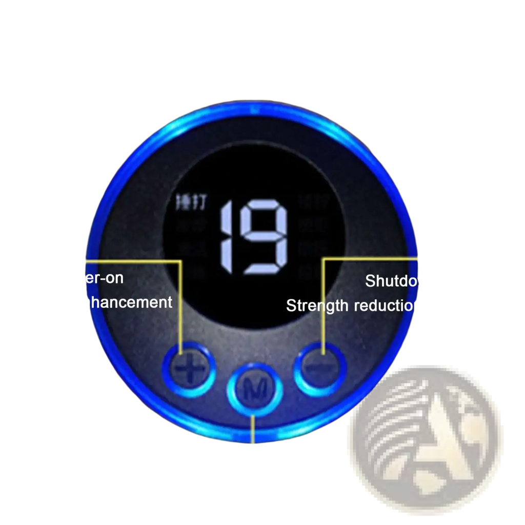Wireless ems glute stimulator and muscle toner with blue-lit circular digital interface and display showing number 19