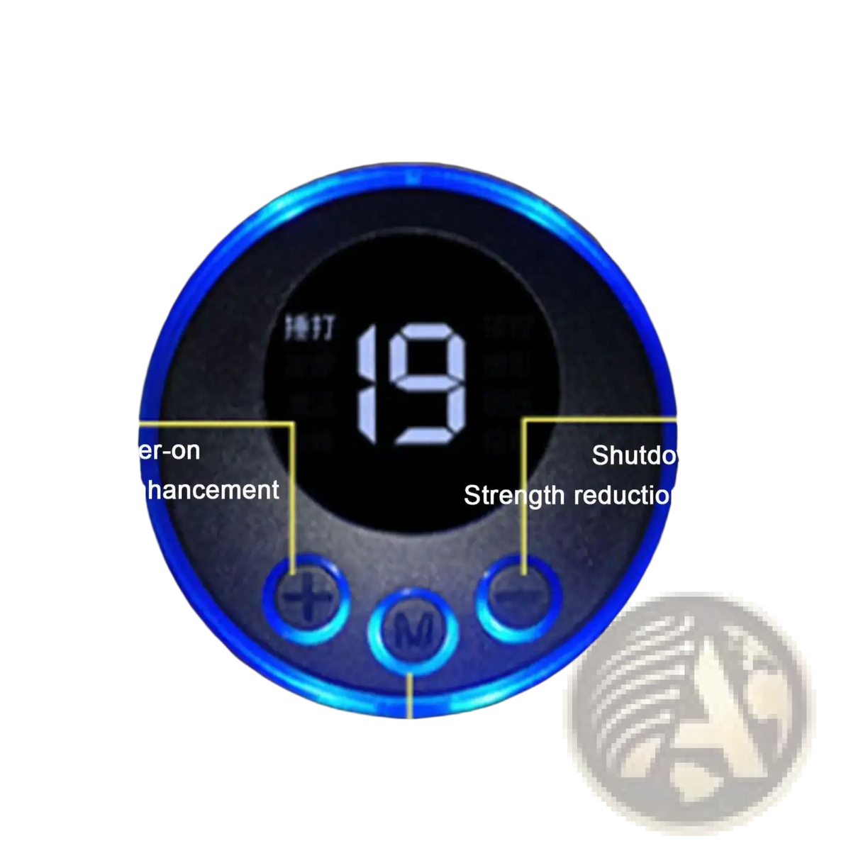 Wireless ems glute stimulator and muscle toner with blue-lit circular digital interface and display showing number 19