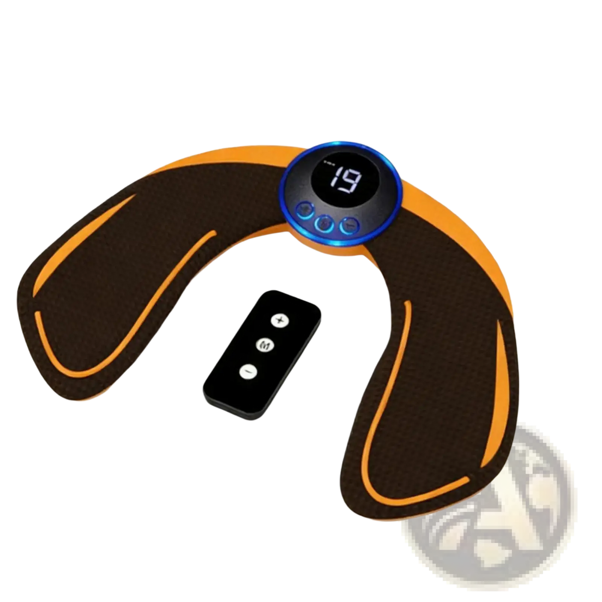 Brown and orange wireless EMS glute stimulator with digital display and remote control for muscle toning
