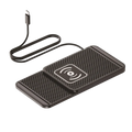 Black wireless fast charging car mat stand with textured surface and white logo with 1-meter type-c cable