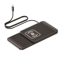 Black wireless fast charging car mat stand with textured surface and white logo with 1-meter type-c cable