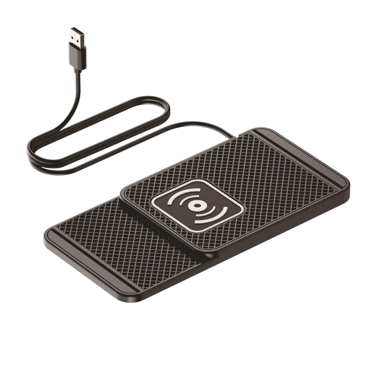 Black wireless fast charging car mat stand with textured surface and white logo including 1-meter usb cable
