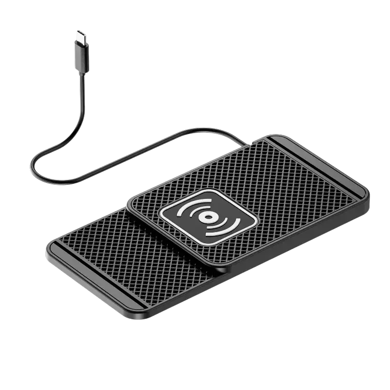 Black wireless fast charging car mat stand with textured grid surface white circular logo and usb-c cable