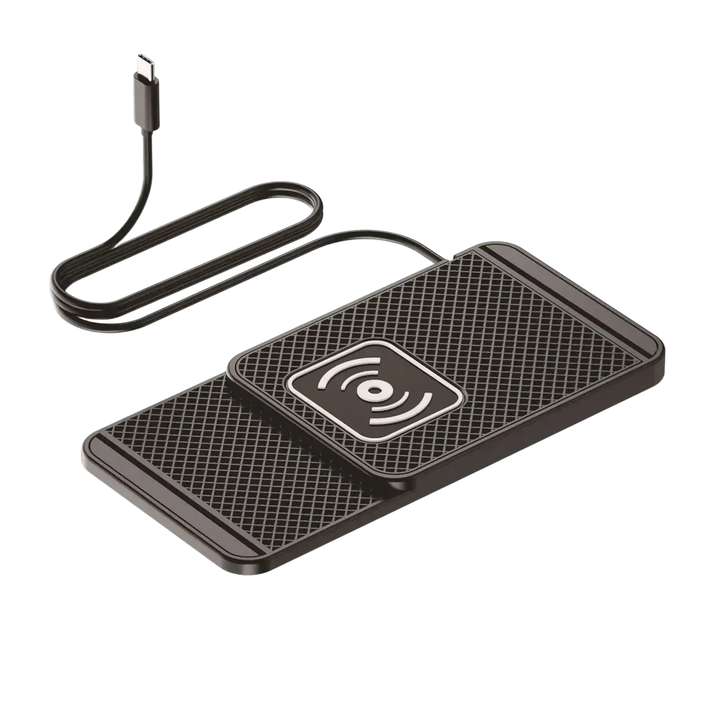 Black wireless fast charging car mat stand with textured grid surface and integrated usb-c cable for wireless charging