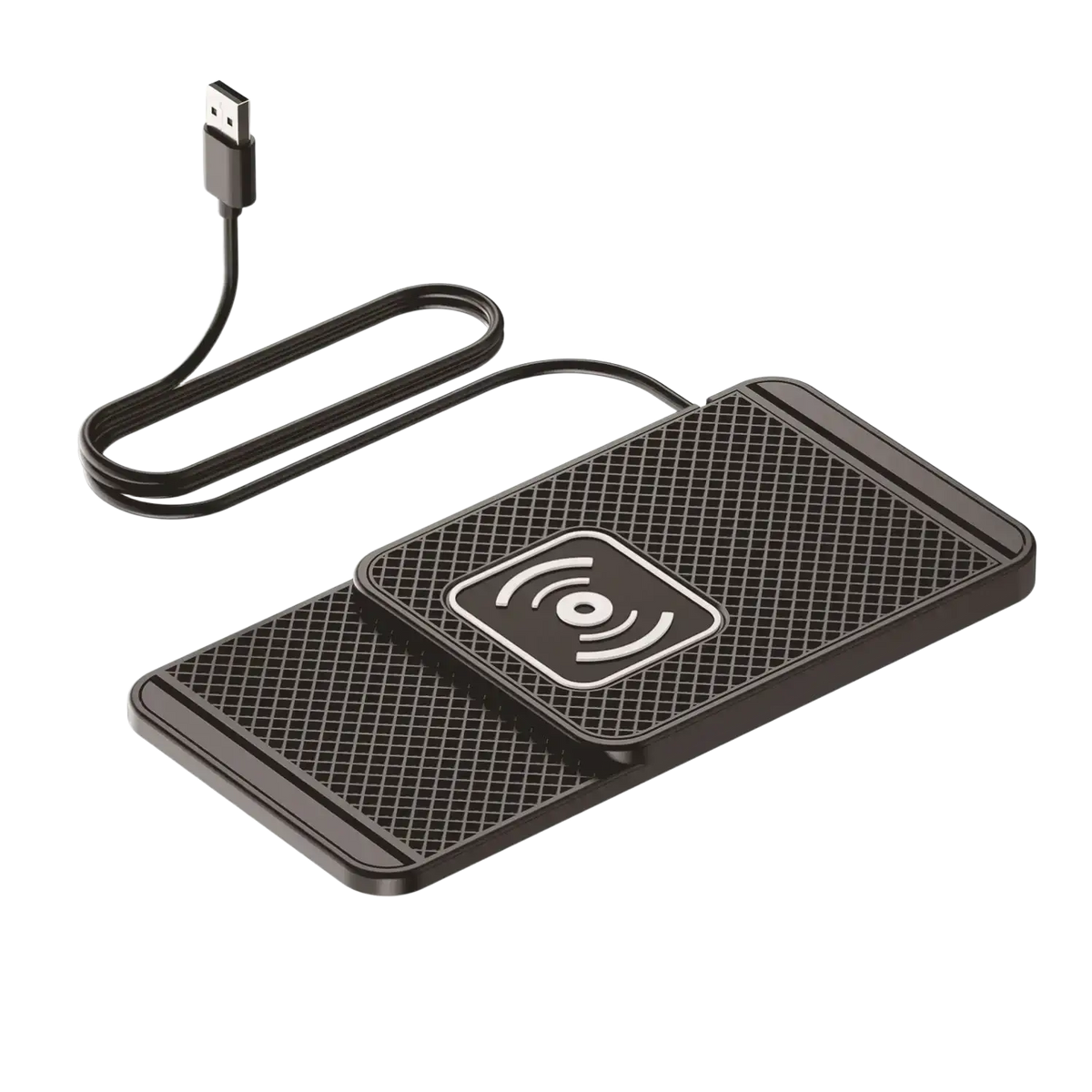 Black wireless fast charging car mat stand with textured surface and usb-c cable for efficient wireless charging