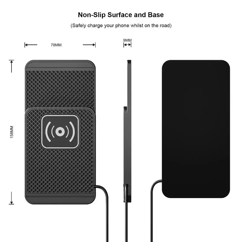 Black wireless fast charging car mat stand with textured non-slip surface and white charging symbol on top
