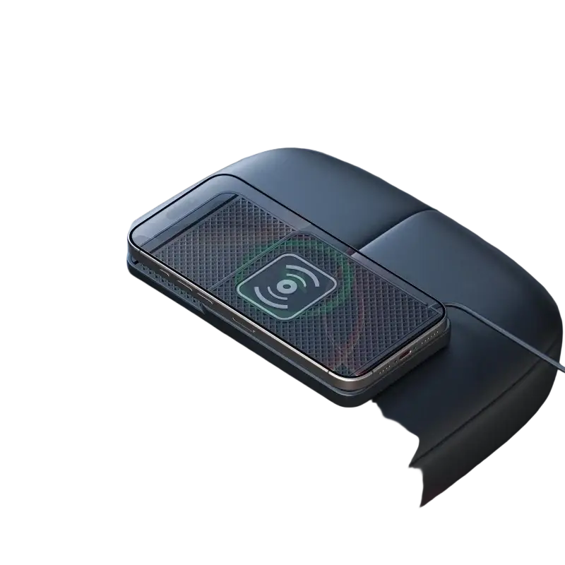 Black wireless fast charging car mat stand with textured surface and glowing green wireless charging symbol