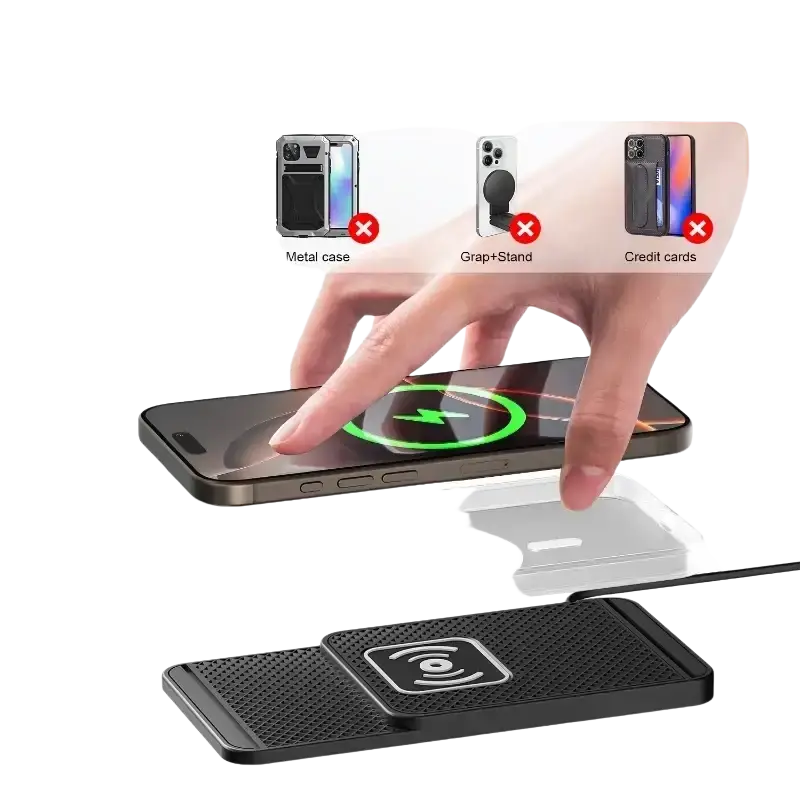 Black textured wireless fast charging car mat stand with white circular magnetic symbol for wireless charging