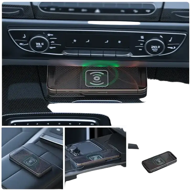 Wireless fast charging car mat stand with carbon fiber texture and subtle green led indicator for wireless charging