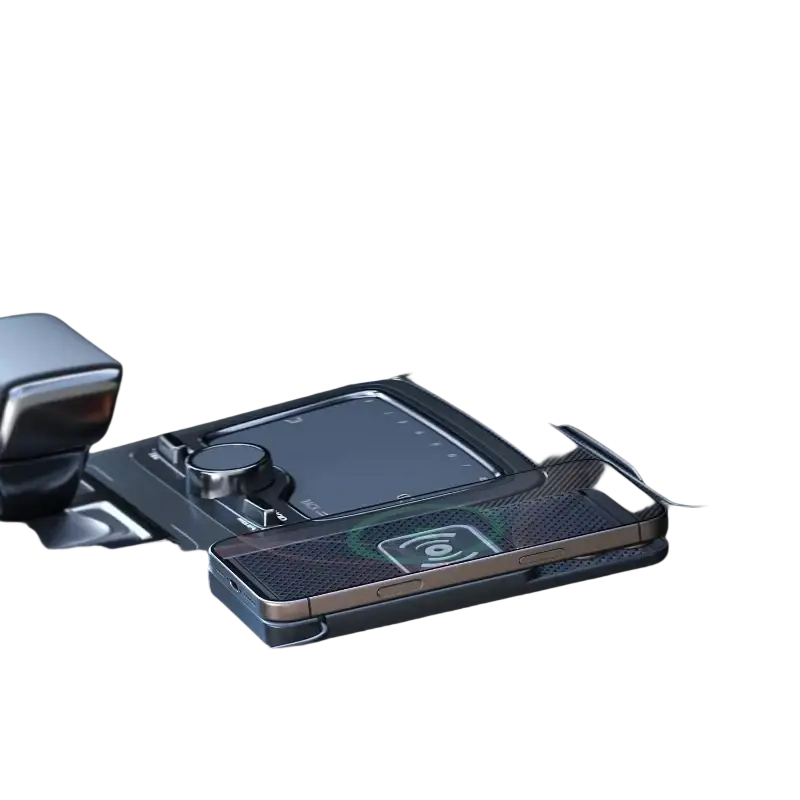 A sleek black carbon fiber wireless fast charging car mat stand with metallic gold trim and illuminated charging pad