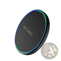 Black circular wireless fast charging pad with glowing blue and green led ring for phone watch earphones