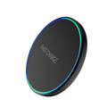 Black circular wireless fast charging pad with glowing blue and green led ring for phone watch earphones