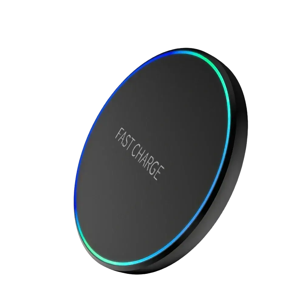 Black circular wireless fast charging pad with glowing blue and green led ring for phone watch earphones