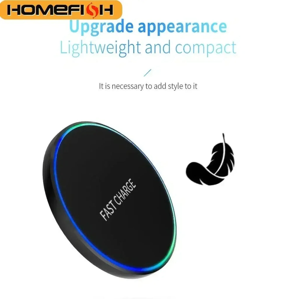 Black circular wireless fast charging pad with glowing blue led ring for phone watch and earphones