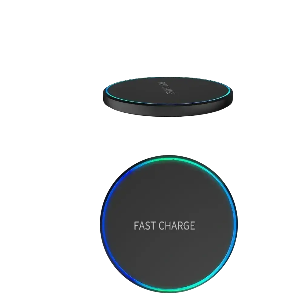 Black circular wireless fast charging pad with glowing blue and green led ring for phone watch earphones