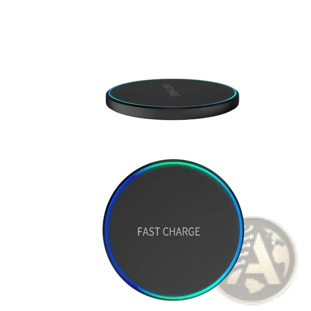 Black circular wireless fast charging pad with glowing blue and green led ring for phone watch earphones