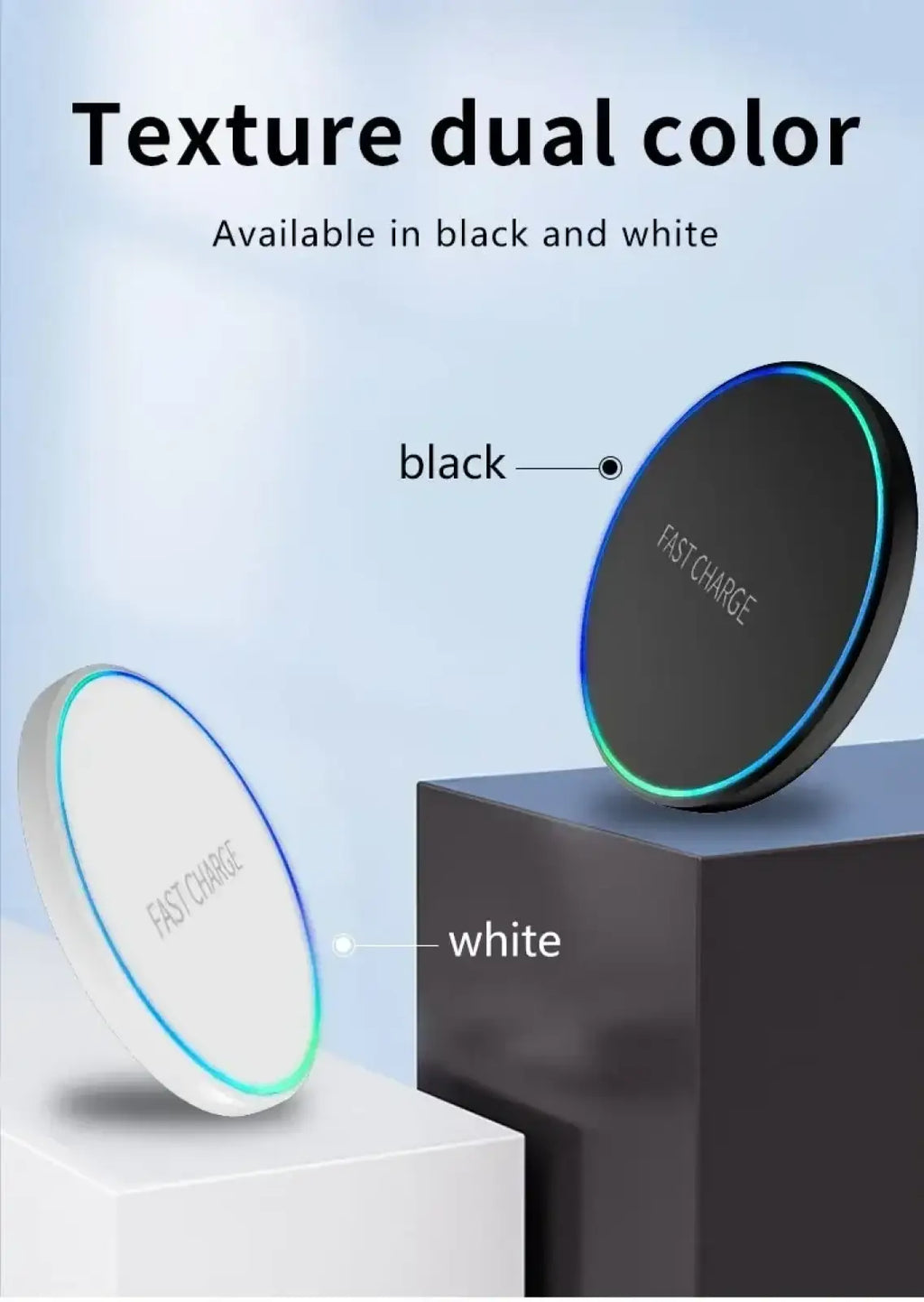 Wireless fast charging pads for phone watch earphones with black and white textured surface and glowing led rings