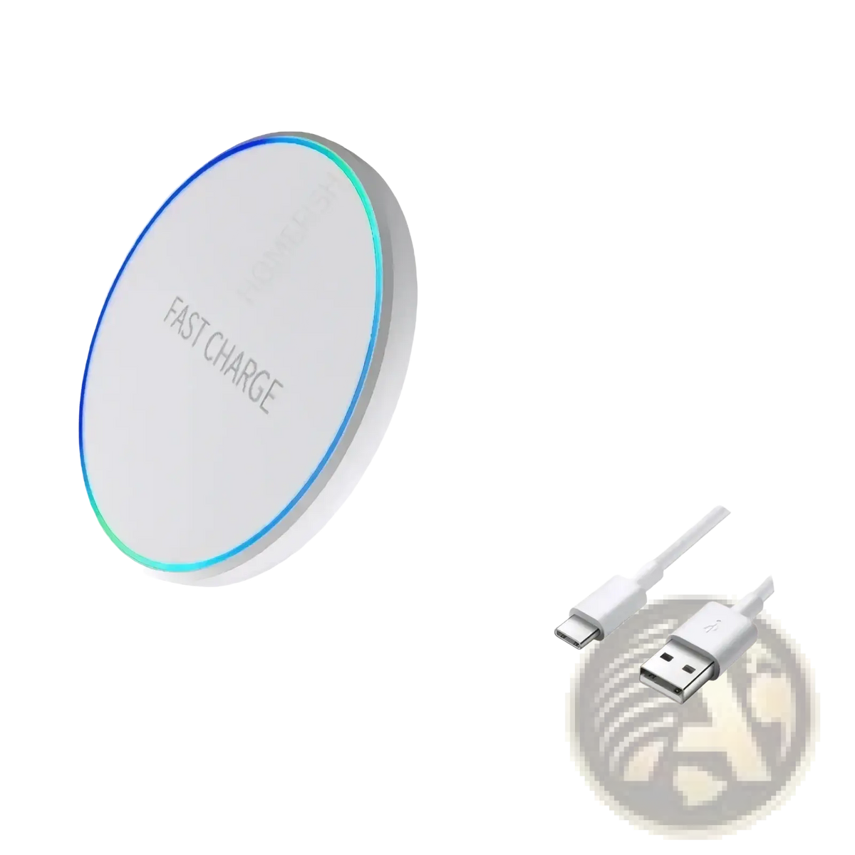 White circular wireless fast charging pad with glowing blue led ring and usb-c to usb-a cable for phone watch earphones