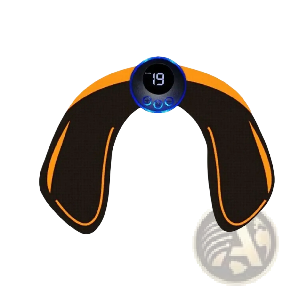 Wireless glute stimulator and buttocks trainer in black and orange with a blue digital display showing 19