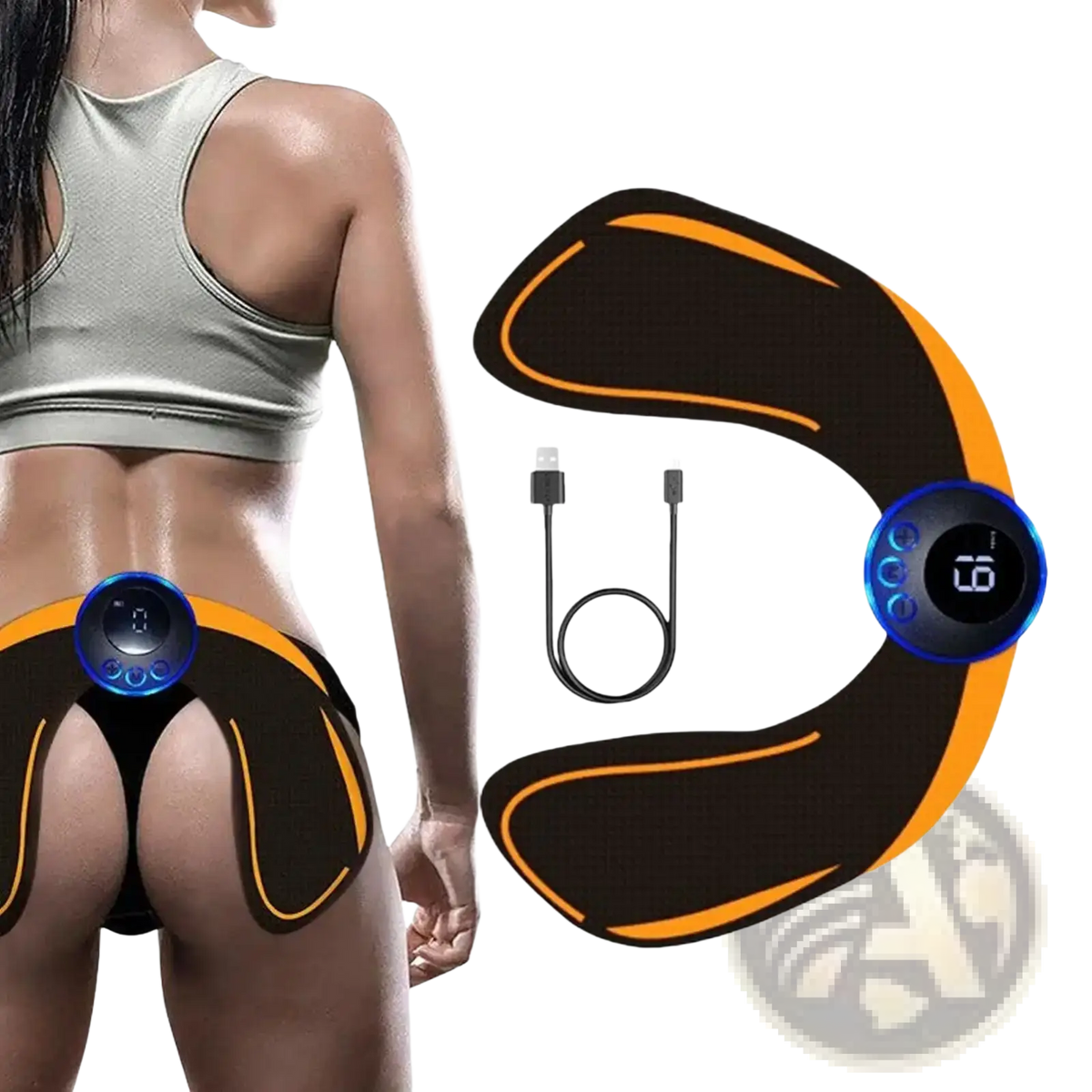 Black and orange wireless glute stimulator with blue control panel for buttocks training and muscle toning