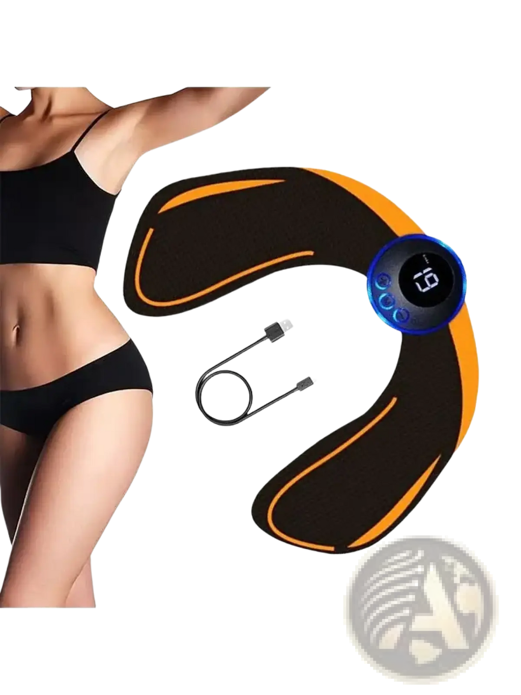 Black and orange wireless glute stimulator with blue digital control panel for buttocks training and muscle toning