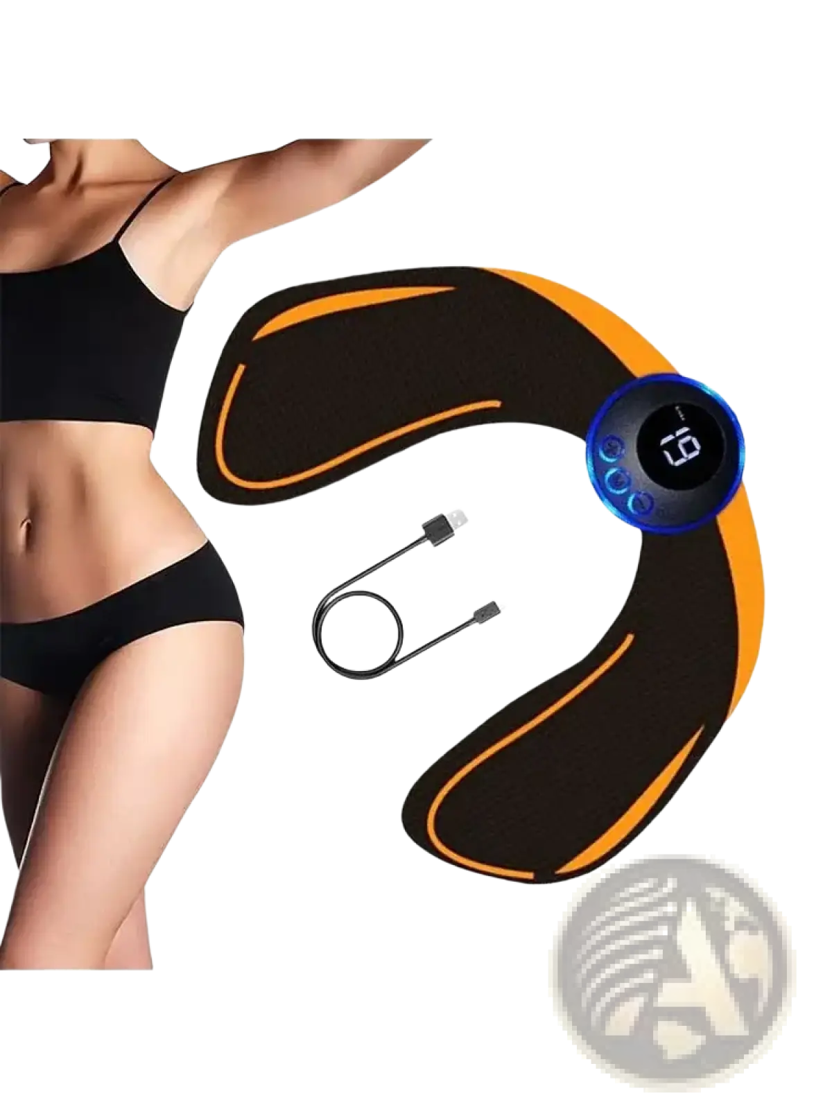 Black and orange wireless glute stimulator with blue digital control panel for buttocks training and muscle toning