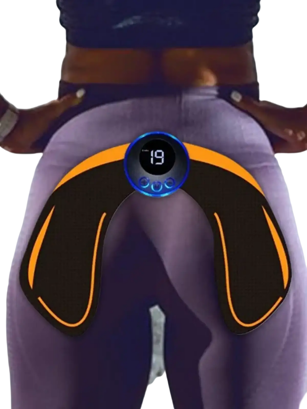 Black and orange wireless glute stimulator with circular digital display showing 19 for buttocks training use