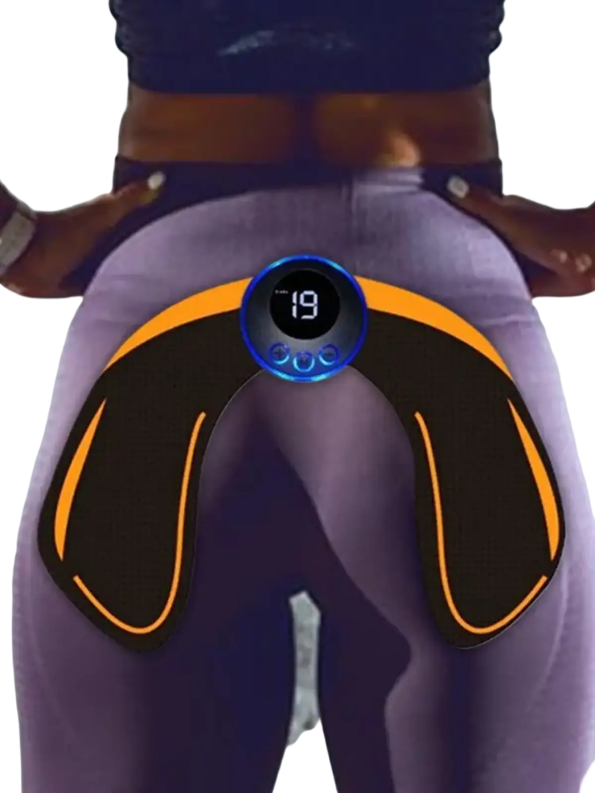 Black and orange wireless glute stimulator with circular digital display showing 19 for buttocks training use