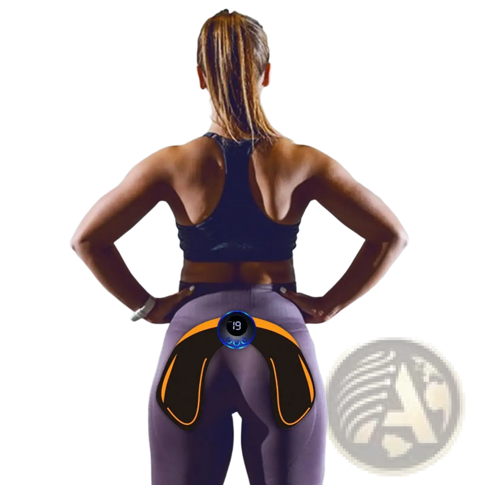 Wireless glute stimulator in black and orange with digital display on the back side of a woman’s hips for buttocks training