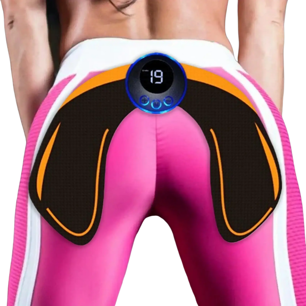 Wireless glute stimulator and buttocks trainer in pink and black with a blue digital display showing number 19