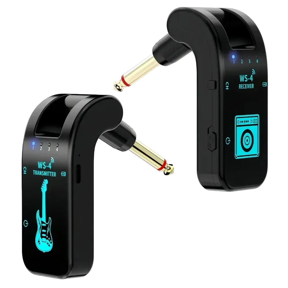 Wireless guitar system transmitter and receiver set in black with gold audio jacks and blue led displays for guitar use