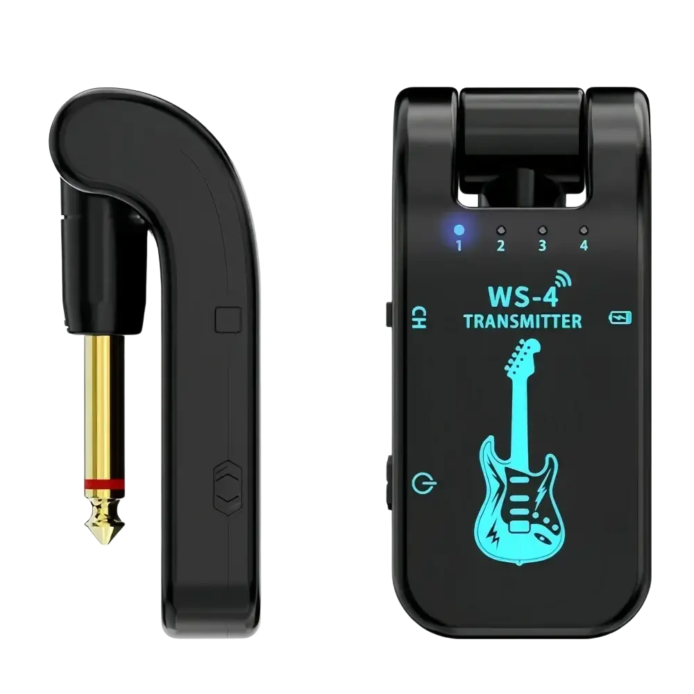 Black wireless guitar system transmitter with glowing blue guitar graphic, four indicator lights, gold-plated 6.35mm jack