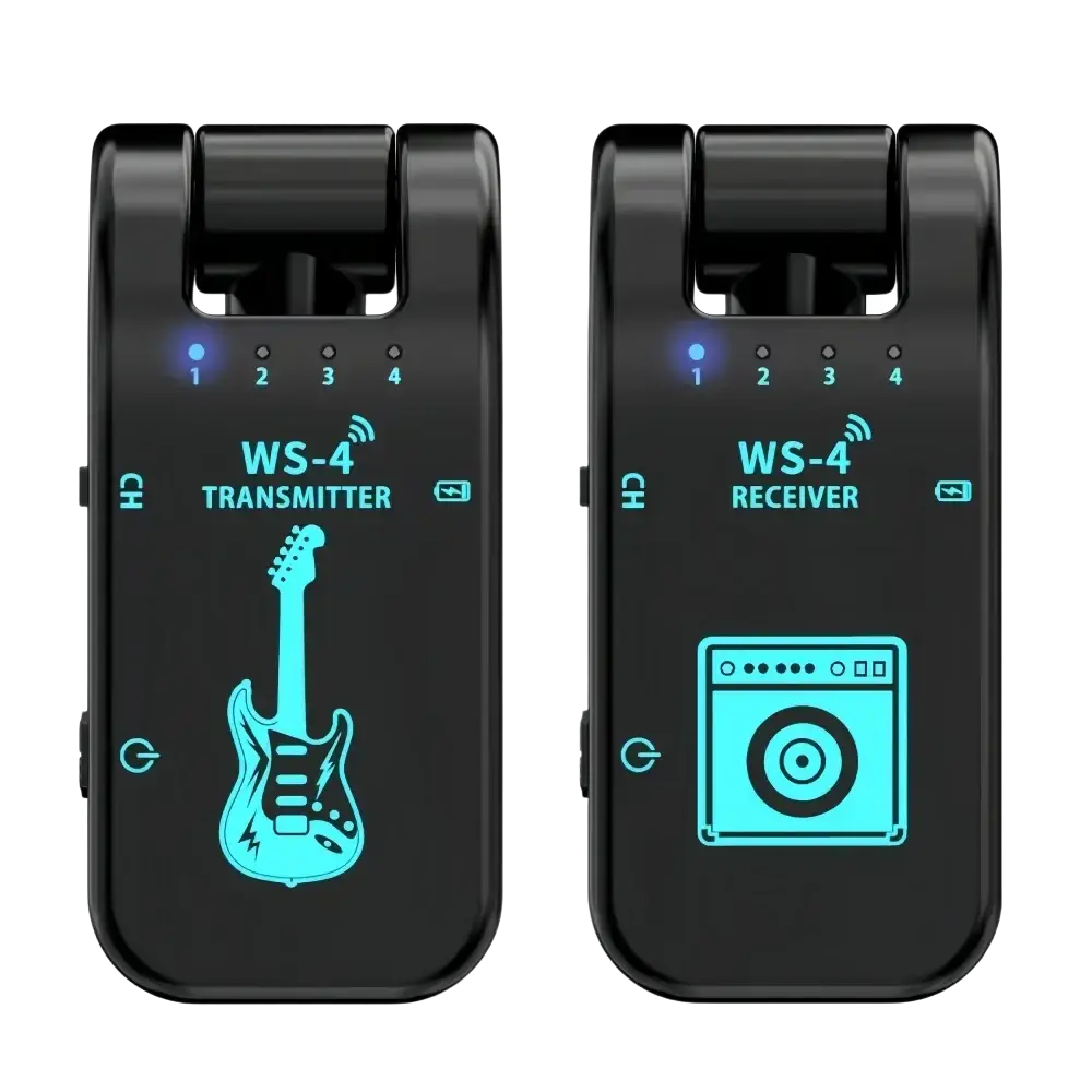 Black wireless guitar system transmitter and receiver set with teal glowing icons for wireless instrument connectivity
