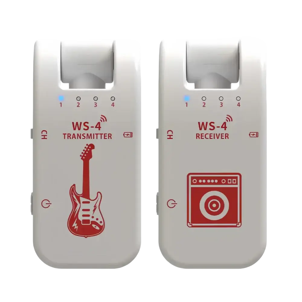 White plastic ws-4 wireless guitar system transmitter and receiver set with red graphics for instrument connectivity