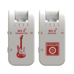 White plastic ws-4 wireless guitar system transmitter and receiver set with red graphics for instrument connectivity