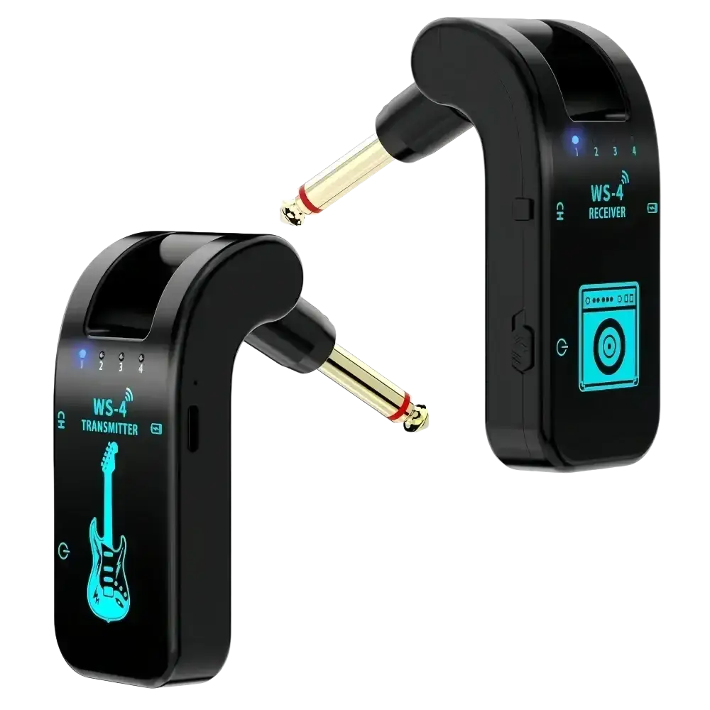 Black wireless guitar transmitter and receiver system with teal led displays and gold-plated 1/4-inch audio jacks