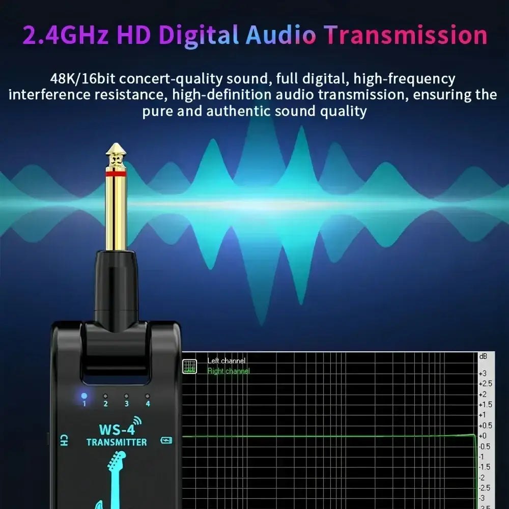 Black ws-4 wireless guitar transmitter with gold-plated 6.35mm jack and illuminated lights for hd 2.4ghz audio transmission