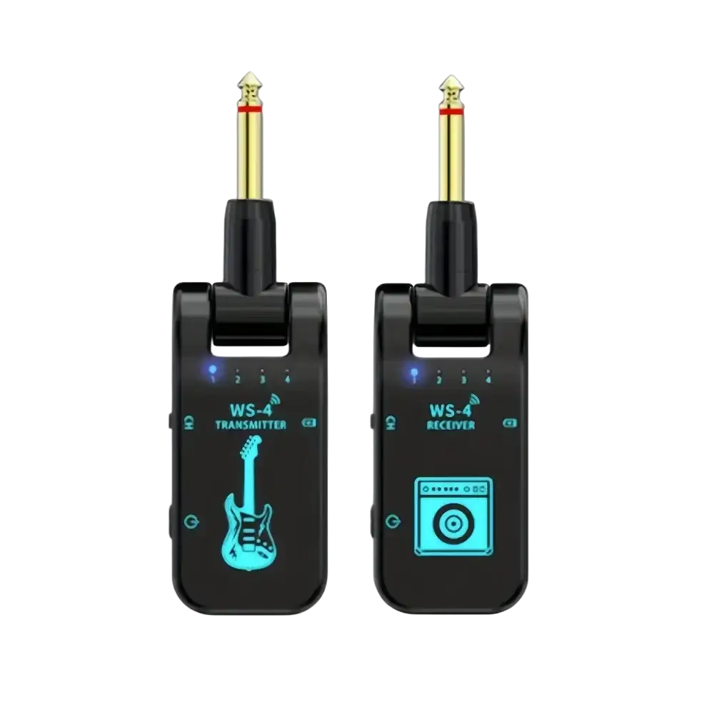 Black ws-4 wireless guitar transmitter and receiver system with gold-tipped 1/8-inch jacks and blue led indicators