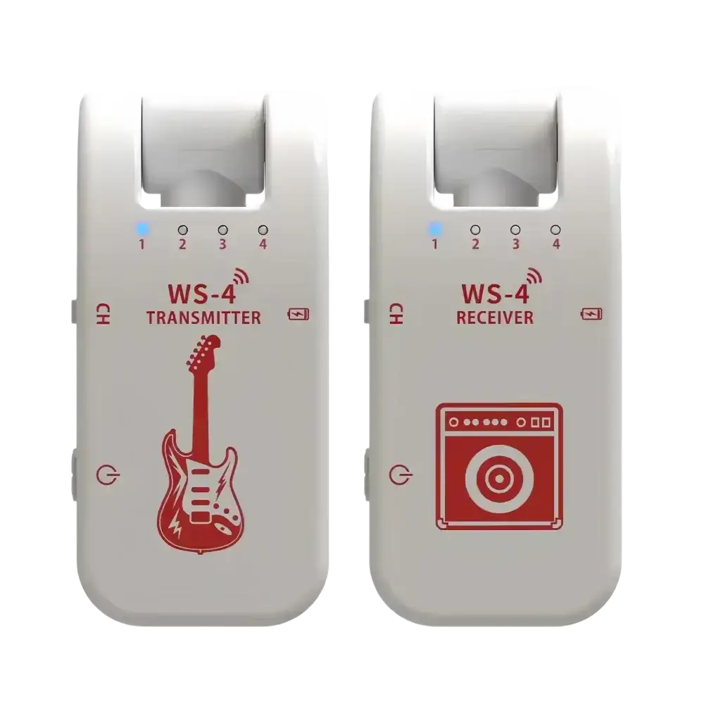 White ws-4 wireless guitar transmitter and receiver system with red guitar and amp graphics for wireless guitar use