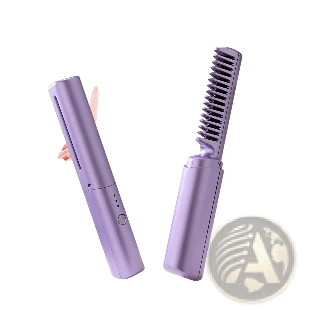 Purple wireless hair straightener brush with ceramic comb, detachable brush head, and sleek modern design