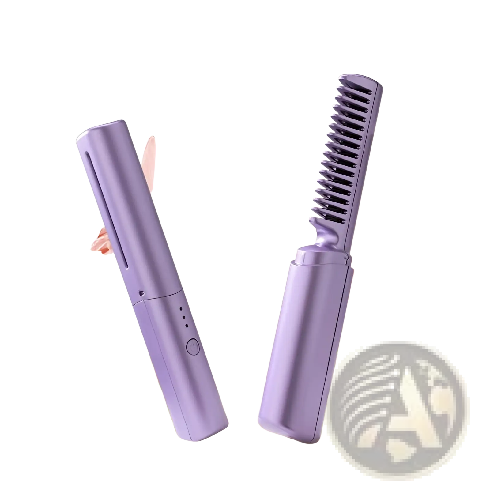 Purple wireless hair straightener brush with ceramic comb, detachable brush head, and sleek modern design